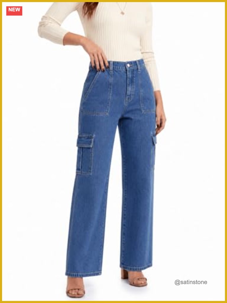 Straight Leg Cargo Jeans With Elastic Waist Y2k Baggy Denim Pants Women Cotton